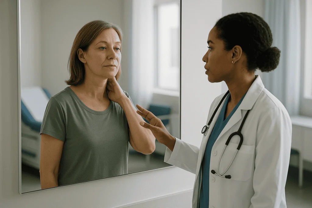 Doctor examining patient's neck in clinical setting: Botox for neck slimming: what actually changes in the mirror