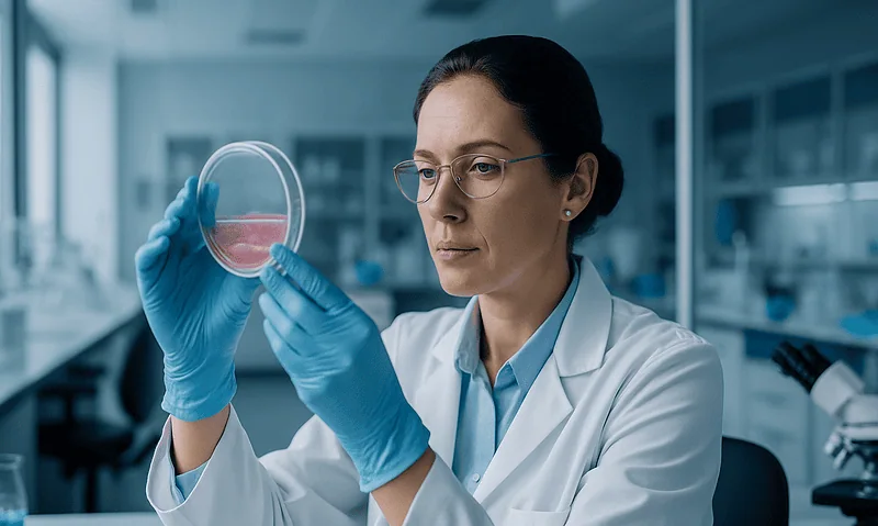 Scientist examining a petri dish in a laboratory setting.