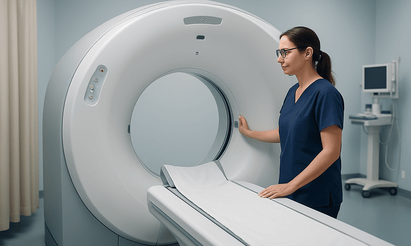 Medical professional preparing a CT scan in a modern hospital setting.