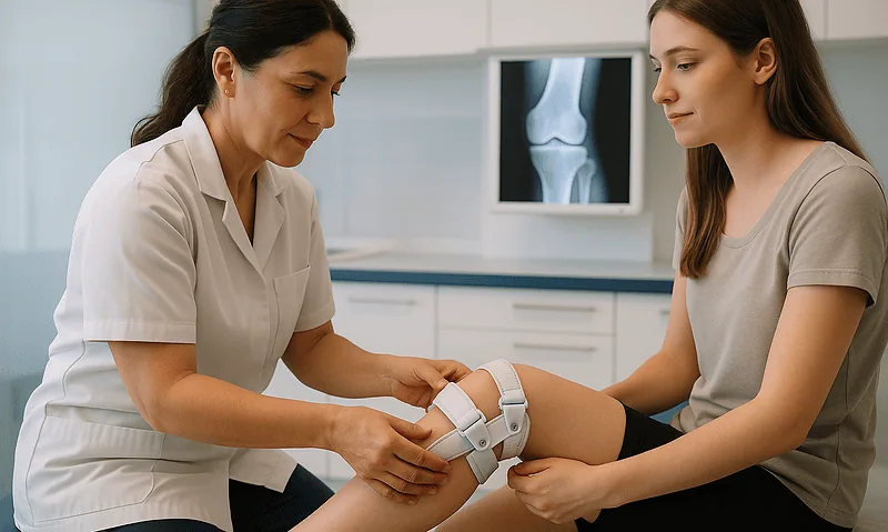 Doctor examining patient's knee with X-ray in background for Bow Legs assessment.