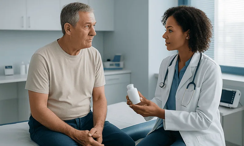 Doctor explaining medication to male patient in clinic setting.