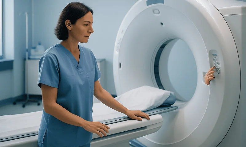 Medical technician prepares MRI scan in a modern hospital setting.