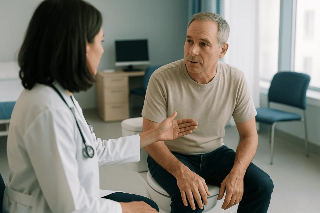 Doctor consulting male patient in clinical office setting: Bowel incontinence causes: how continence works and where it brea