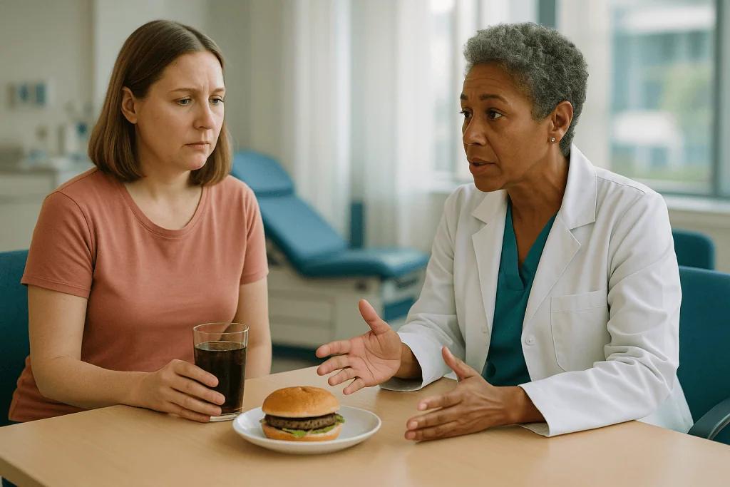 Doctor consulting patient about dietary choices during meal: Bowel leakage foods to avoid, and the drinks that quietly make