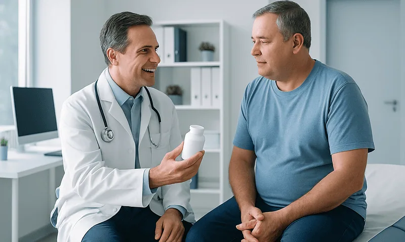Doctor discussing medication with patient in clinic.