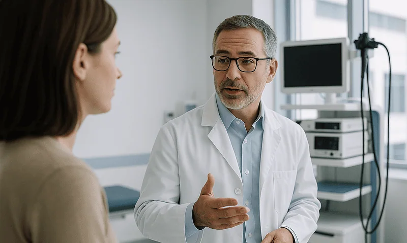 Doctor explaining medical procedure to a patient in a hospital setting.