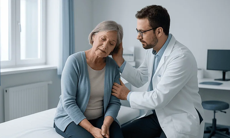 Doctor examining elderly woman for vertigo symptoms in clinic setting.
