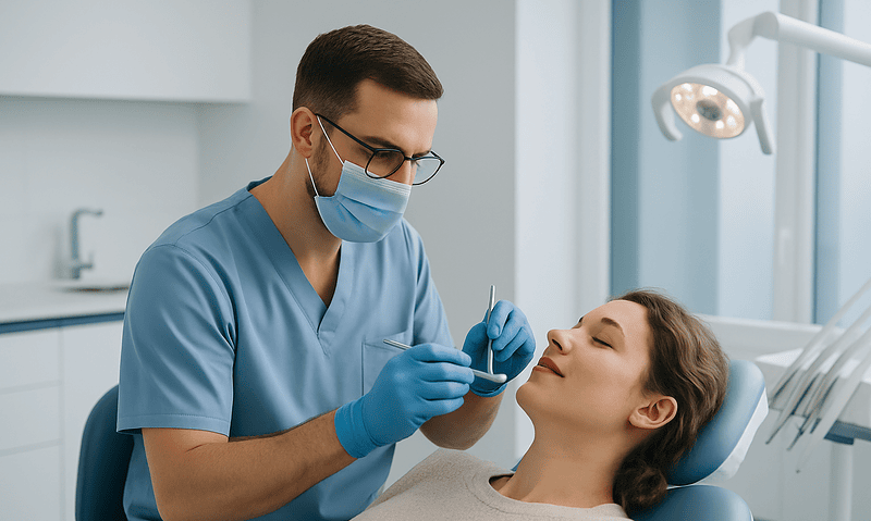 Dentist examining patient's teeth in a modern dental clinic.