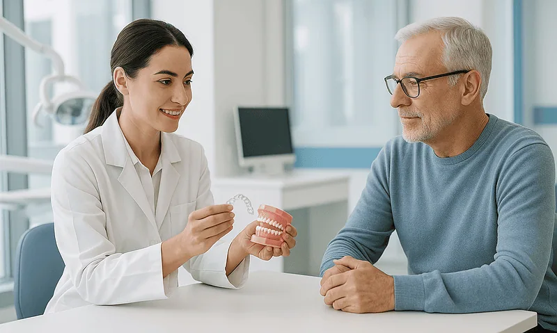 Dentist explaining Invisalign options to a patient in a modern clinic.