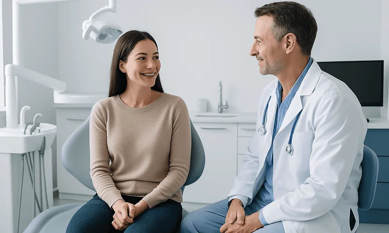 Young woman at dental clinic with doctor discussing braces or Invisalign options.