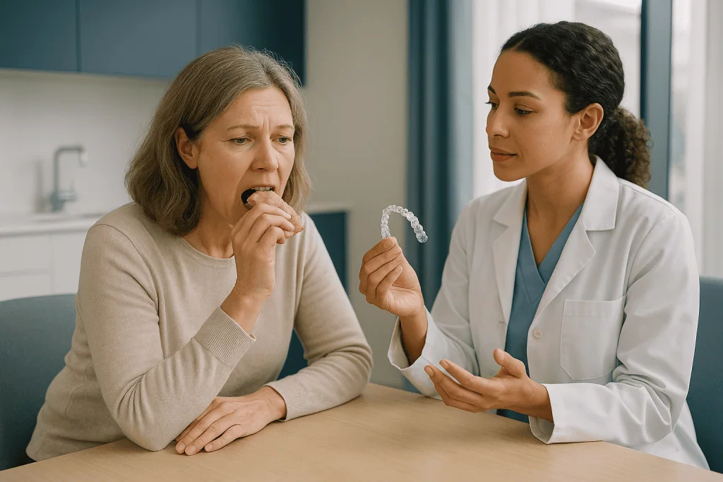 Dentist consulting patient about clear aligner treatment — Braces or aligners for overbite, crossbite, and other bite problem
