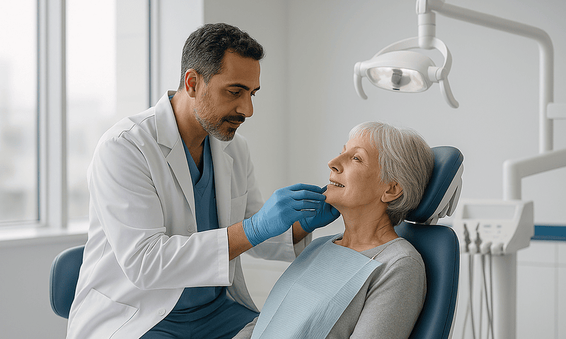 Dentist examining elderly woman's teeth in a modern dental clinic.