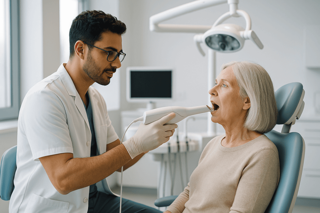 Braces, Retainers, and Dental Work Before Surgery in Turkey: What to Tell Your Team 1 Dentist examining elderly woman's throat with medical instrument in clinic.