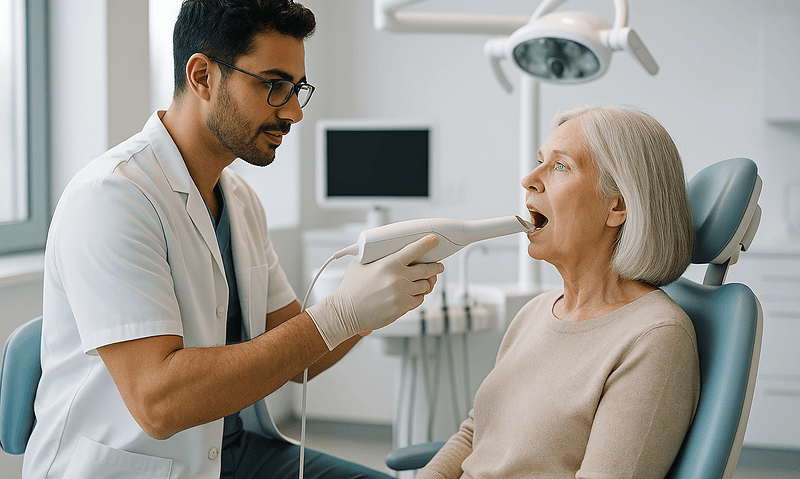 Dentist examining elderly woman's throat with medical instrument in clinic.
