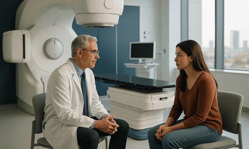 Doctor consulting with a patient in a modern medical imaging room.
