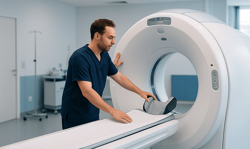 Medical professional prepares MRI machine in hospital setting.