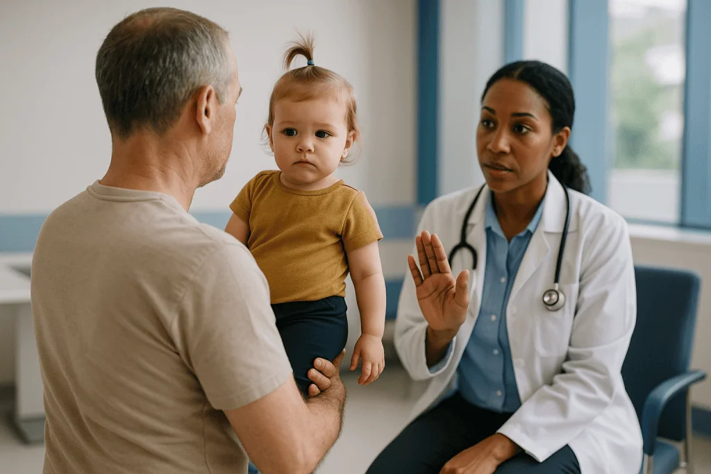 Doctor consulting with father holding toddler in clinic: Brachytherapy seeds precautions with children and pregnant women
