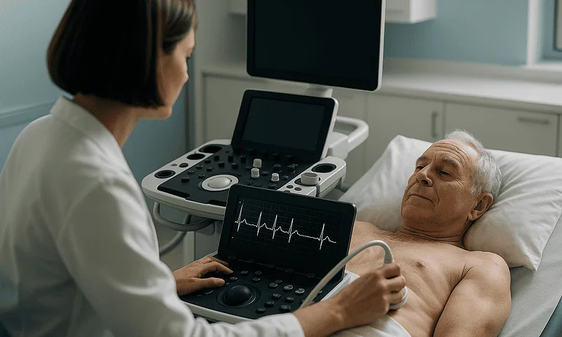Doctor performing an ECG test on an elderly patient in a hospital room.