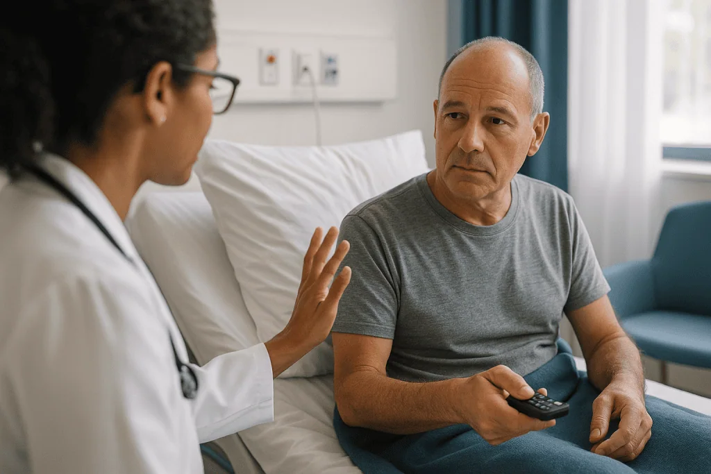 Doctor consulting with male patient in hospital room: BRAF and MEK inhibitors for melanoma: switching off the growth signal