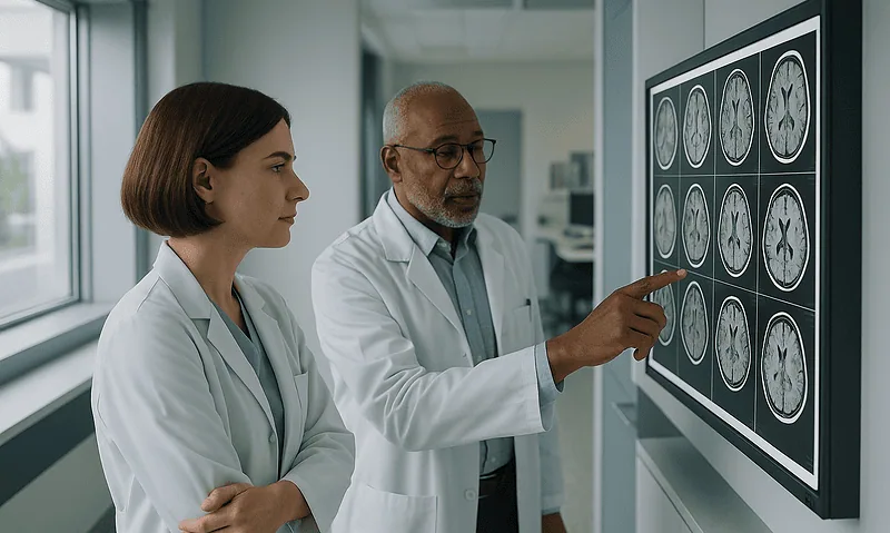 Doctors analyzing brain scan images in a hospital setting.