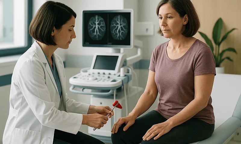 Doctor explaining brain aneurysm risks to a patient in a hospital setting.