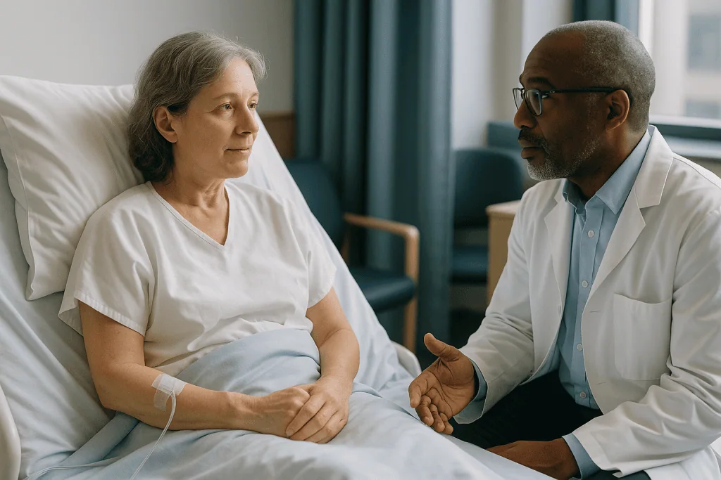 Doctor consulting with patient in hospital bed: Brain aneurysm coiling recovery: what the first 48 hours look like