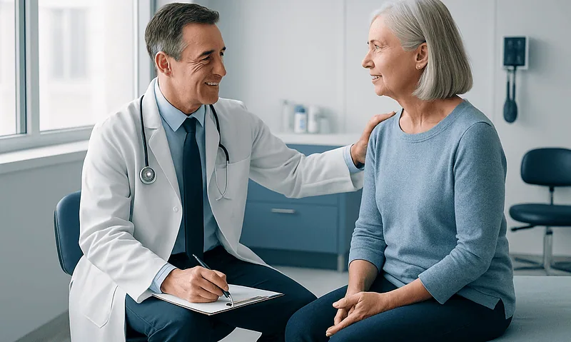 Doctor consulting with an elderly female patient in a medical office.