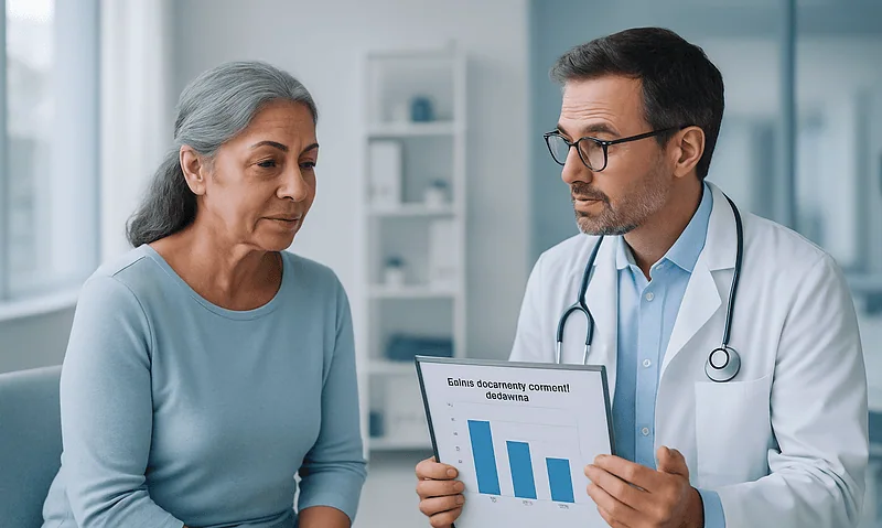 Doctor discussing brain aneurysm statistics with an elderly woman in a medical office.