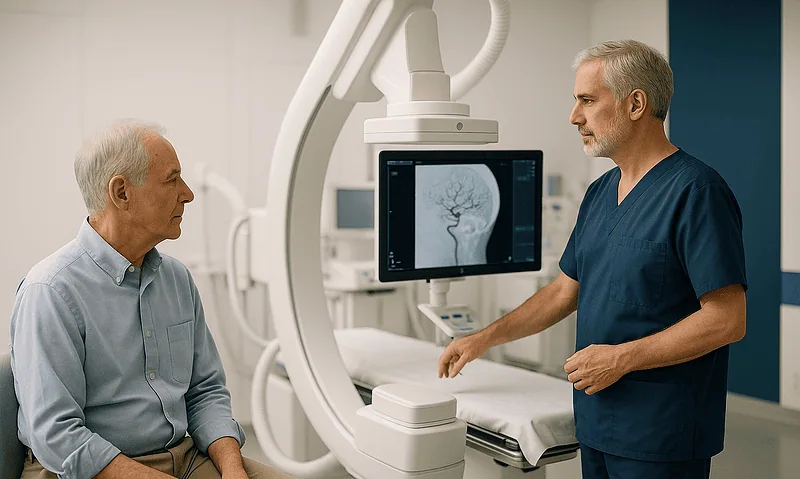 Neurosurgeon explains brain angiogram to patient in hospital.