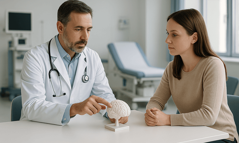 Doctor explaining brain injury rehabilitation to a patient in a hospital setting.