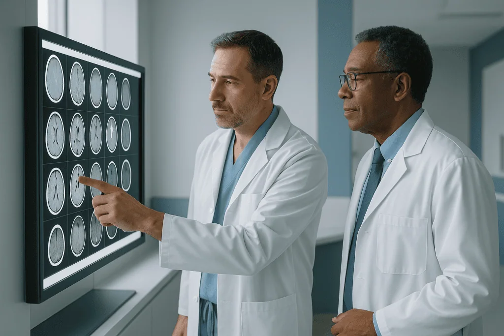 Brain Metastases 1 Doctors analyzing brain MRI scans for metastases in a hospital setting.
