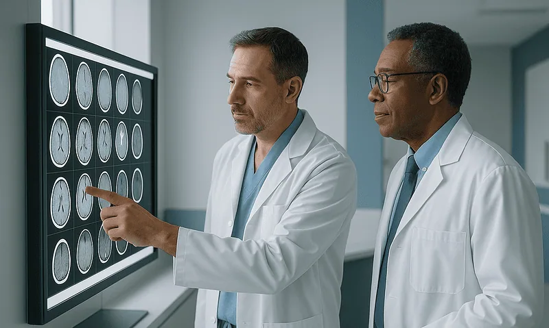 Doctors analyzing brain MRI scans for metastases in a hospital setting.