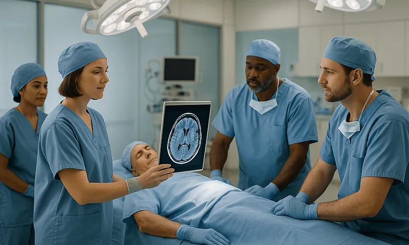 Medical team performing brain shunt surgery in an operating room.