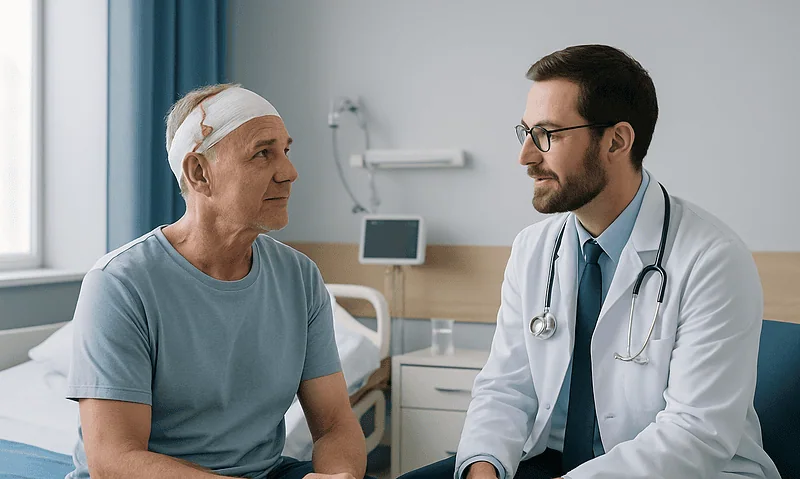 Doctor consulting with a senior male patient in hospital room.