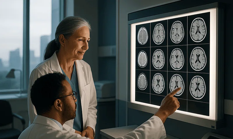 Doctors analyzing brain MRI scans in a hospital setting.