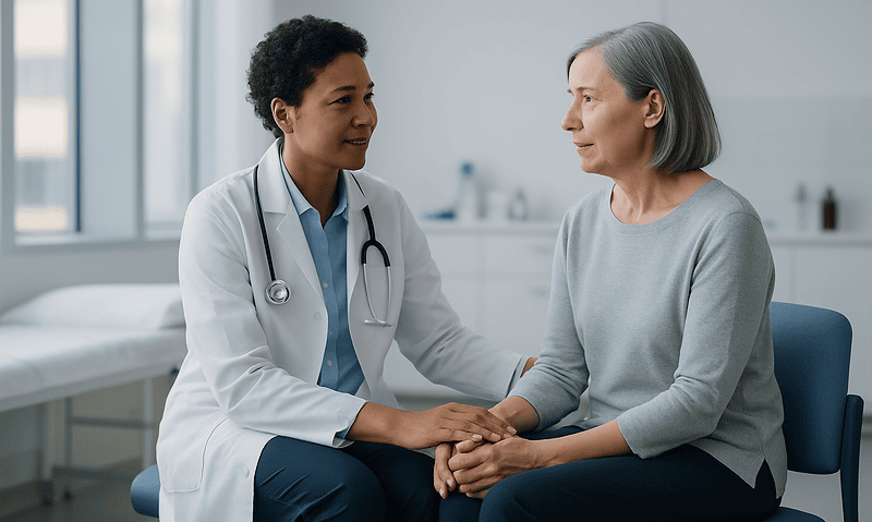 Doctor comforting a patient in a medical consultation room.