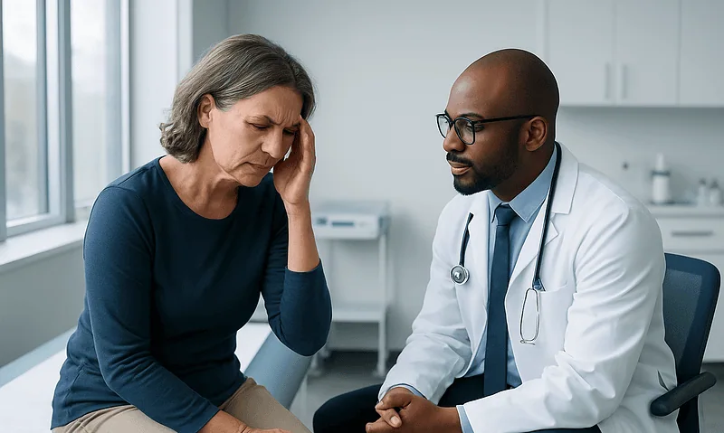 Doctor consulting with a middle-aged woman about health concerns in a medical office.