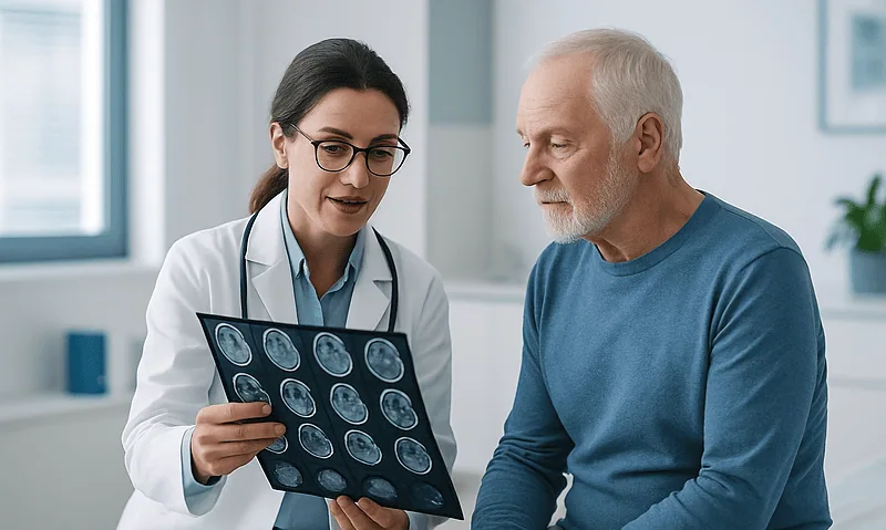 Doctor explaining brain MRI scan to senior male patient in clinic.