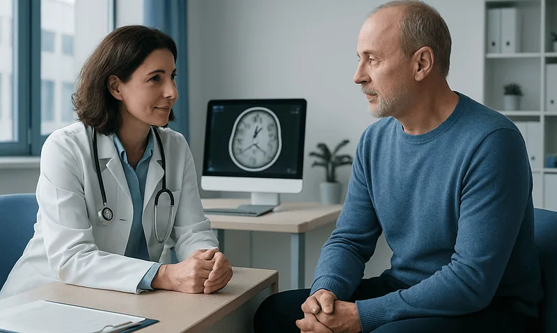 Doctor consulting with a male patient in a medical office.