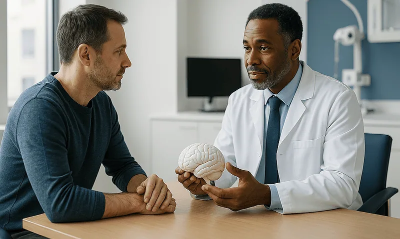 Doctor explaining brain anatomy to patient in consultation room.