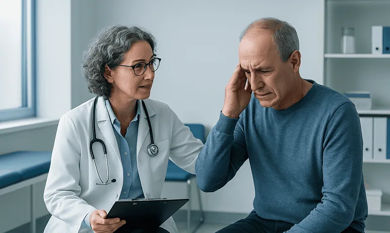 Doctor consulting with a patient experiencing headache symptoms.