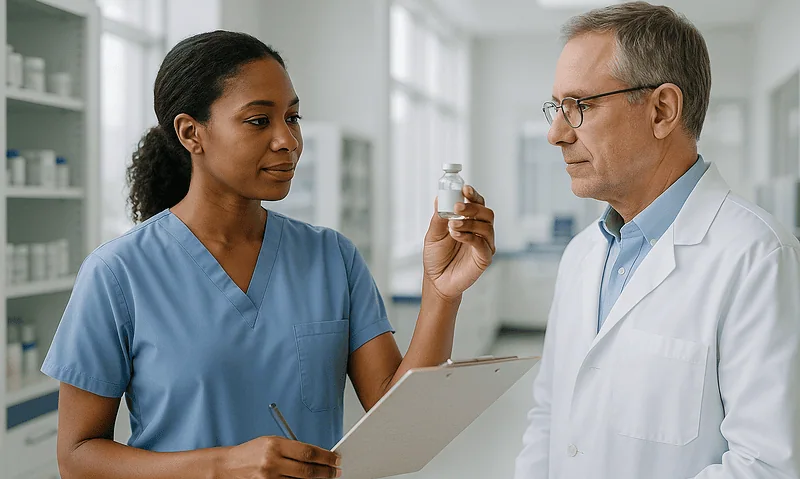 Pharmacist explaining medication details to a doctor in a pharmacy setting.