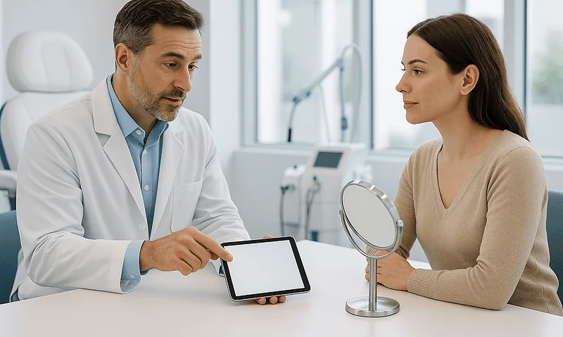 Doctor consulting with a patient in a modern medical office.