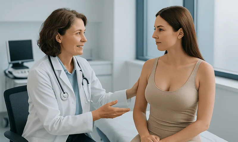 Doctor consulting with a patient in a medical office for breast aesthetics.