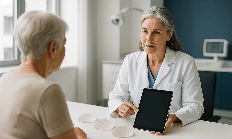 Doctor explaining breast augmentation options to a patient in a clinic.
