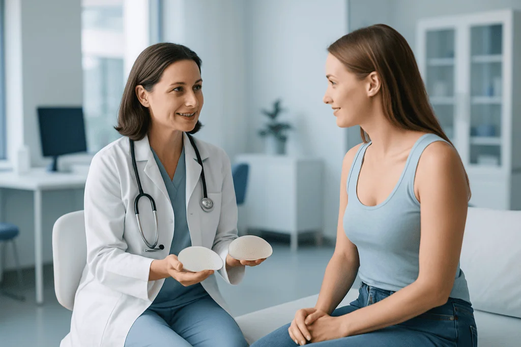 Breast Augmentation 1 Doctor explaining breast augmentation options to patient in clinic.