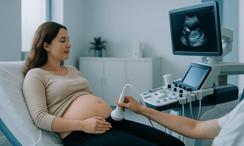 Pregnant woman having an ultrasound scan at a medical clinic.