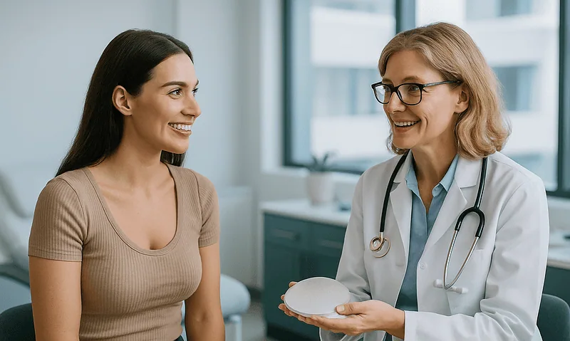 Female patient consulting with a doctor about breast augmentation options.