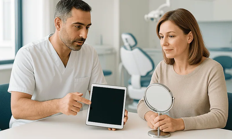 Doctor consulting with a woman patient in a dental clinic.