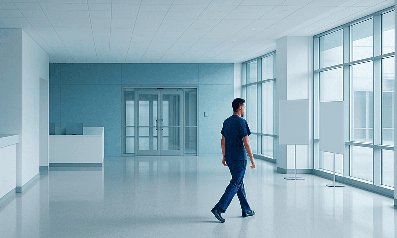 Modern hospital corridor with large windows and a healthcare professional walking.